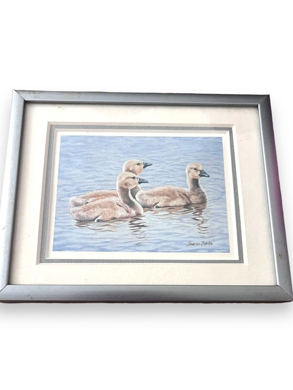 Sharon Manka Ducks Pond Scenery Signed Print Matted And Silver Frame 4x5